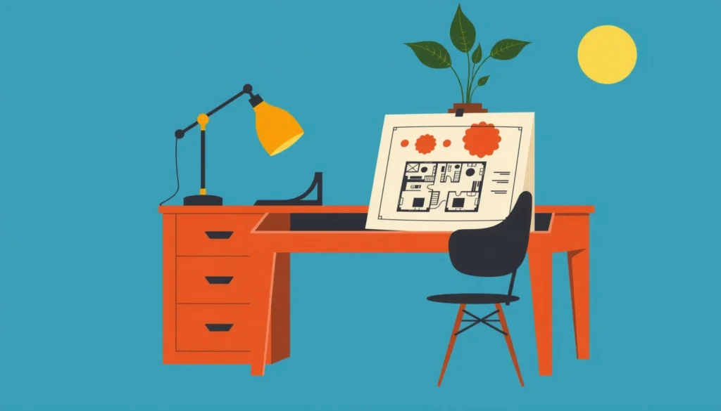 A Tampa Bay creative studio workspace mid-build: clean wood desk with a laptop showing wireframes, brass desk lamp, marker sketches of a brand identity on tracing paper