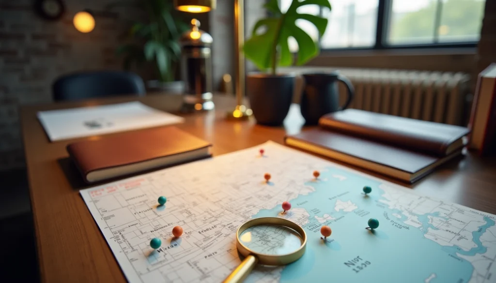 A vintage brass magnifying glass resting on a topographic Tampa Bay map, with small wooden pins marking neighborhoods, on a warm walnut desk in soft afternoon light