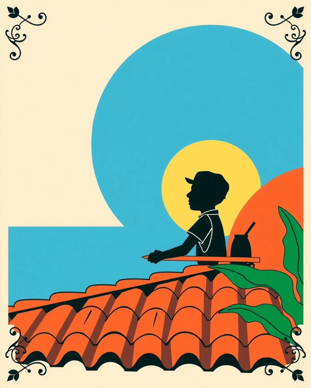 A vintage litho-style illustration of a Tampa South-side rooftop with Spanish-Mediterranean clay tiles, sun rays overhead, rendered as a four-color stone lithograph — composite of a typical home-services engagement.