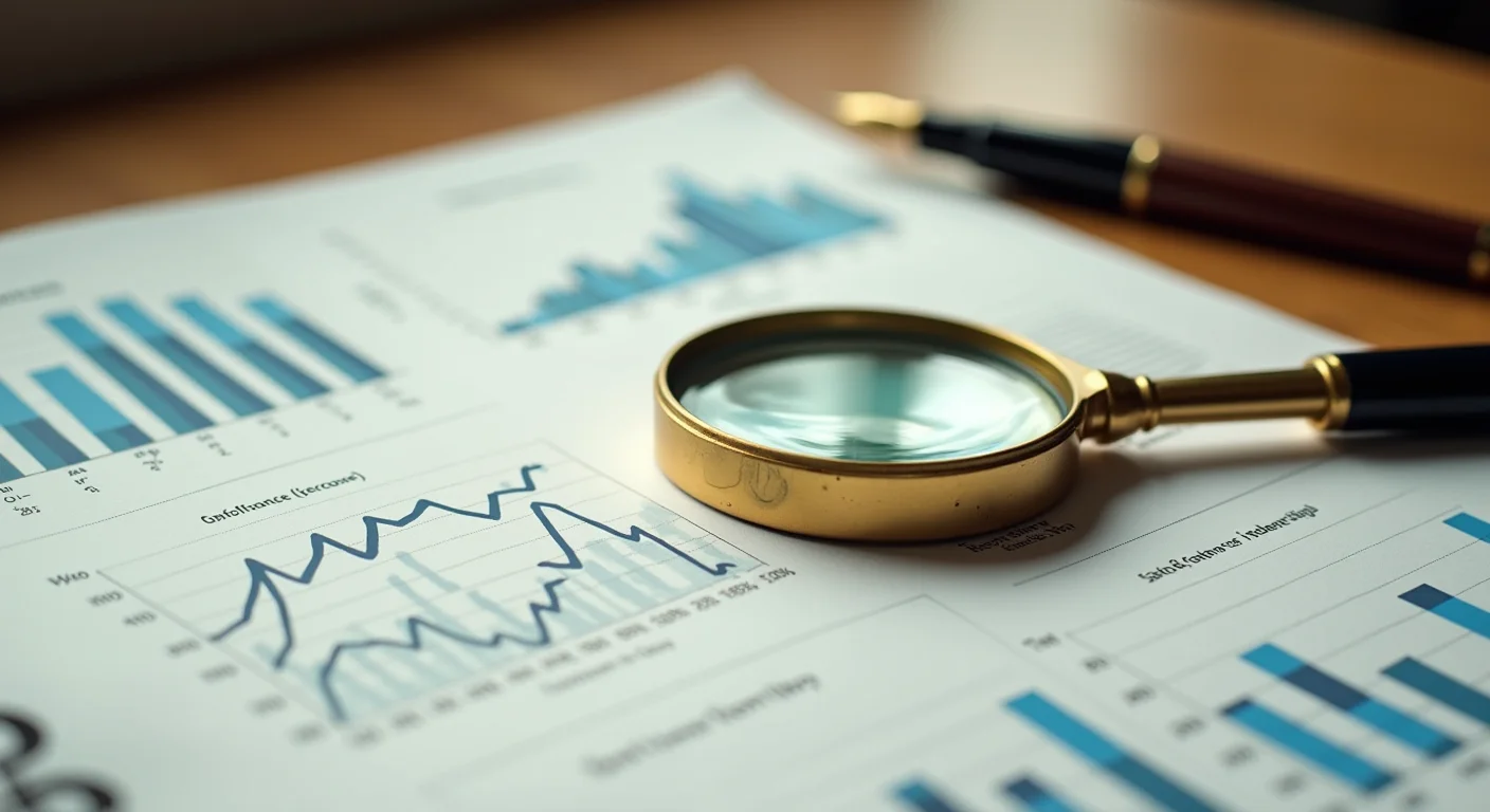 Editorial close-up of a vintage brass magnifying glass resting on a printed analytics report with handwritten margin notes.