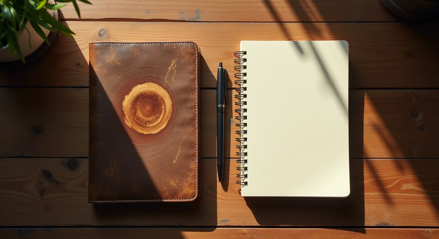 Old weathered notebook beside a fresh new notebook on a warm wood desk.